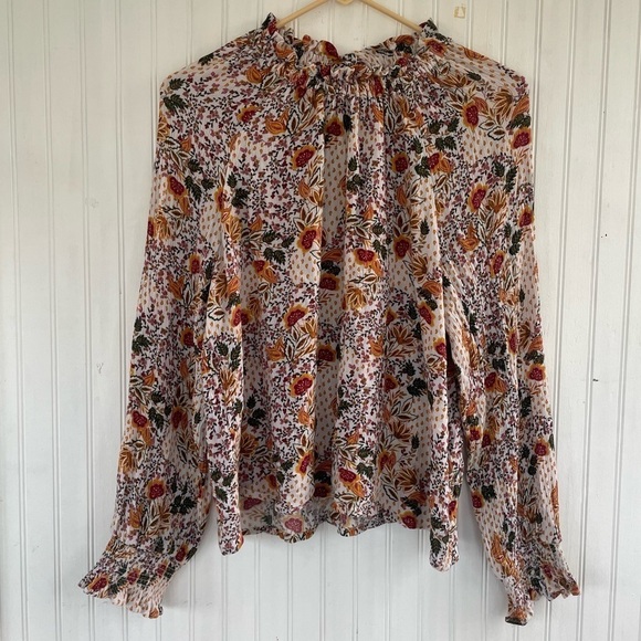 Garnet Hill Cream Floral Paisley Ruffle Fleur Crêpe Blouse Size Medium - Picture 2 of 10